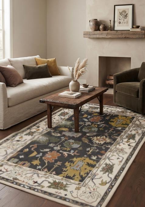 Saffron Rugs Hand-Tufted 100% Wool Runner | Dark Charcoal Rectangular Rug | Cotton Backing | Classic Floral Carpet for Hallway