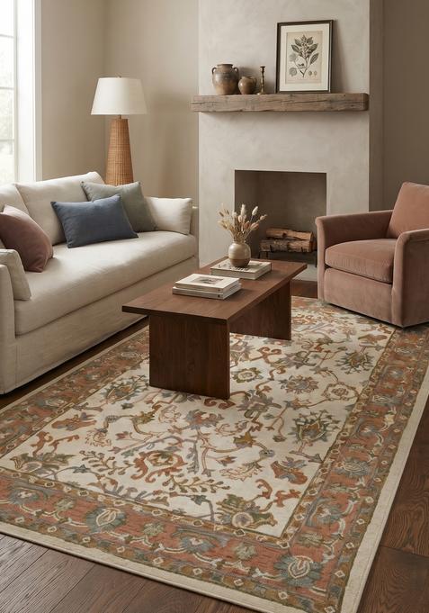 Saffron Rugs Hand-Tufted 100% Wool Area Rug | Cream Beige Rectangular Rug | Cotton Backing | Oriental Floral Carpet for Living Room