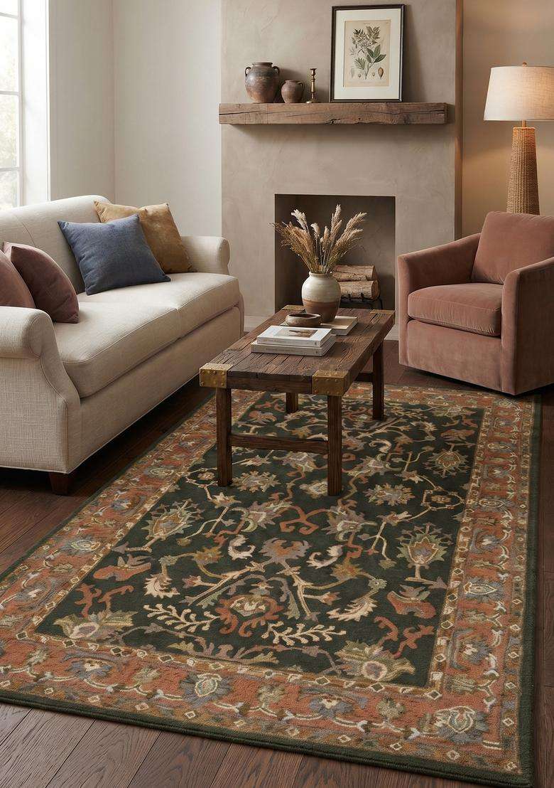 Saffron Rugs Dark Green Oriental Floral Hand Tufted Wool Rectangular Rug - Indya