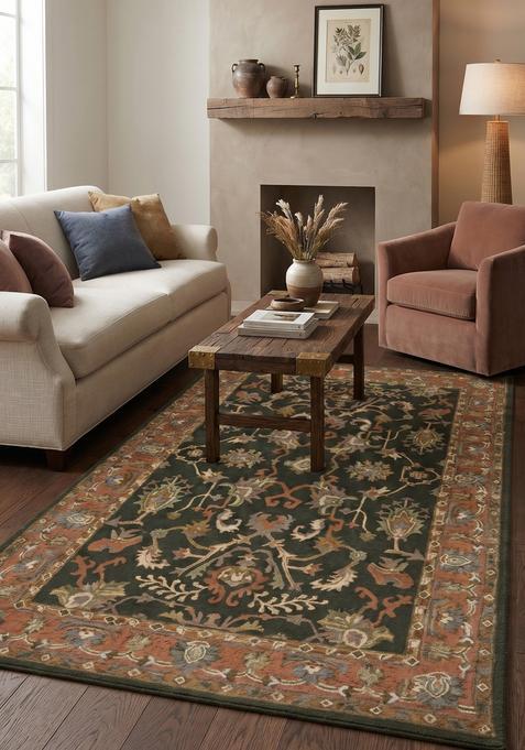 Saffron Rugs Hand-Tufted 100% Wool Area Rug | Dark Green Rectangular Rug | Cotton Backing | Oriental Floral Carpet for Living Room