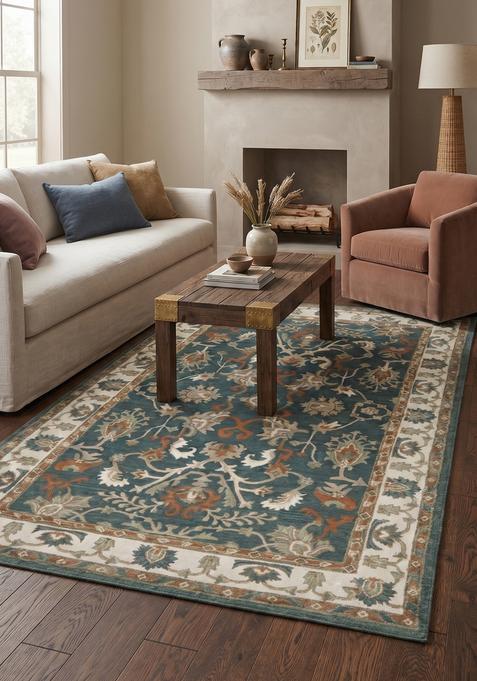 Saffron Rugs Hand-Tufted 100% Wool Area Rug | Teal Blue Rectangular Rug | Cotton Backing | Oriental Floral Carpet for Living Room