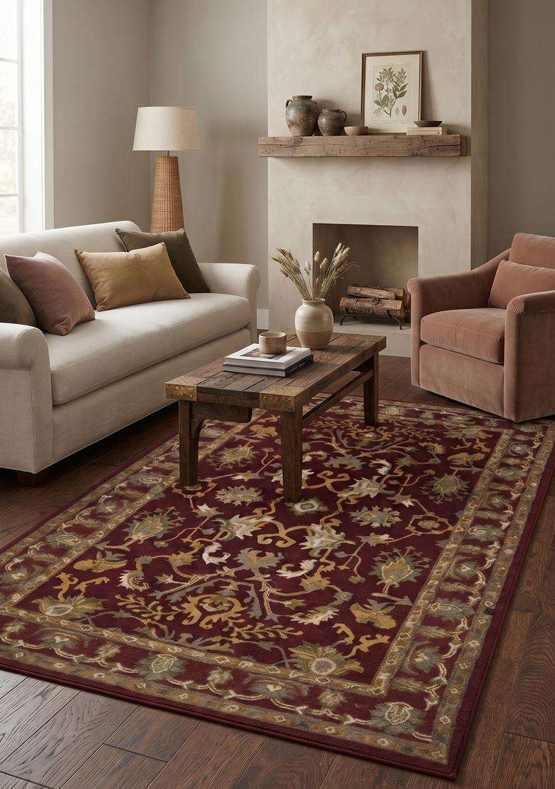 Saffron Rugs Dark Red Oriental Floral Hand Tufted Wool Rectangular Rug - Indya
