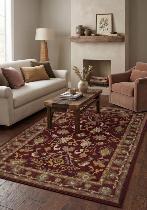 Saffron Rugs Hand-Tufted 100% Wool Area Rug | Dark Red Rectangular Rug | Cotton Backing | Oriental Floral Carpet for Living Room