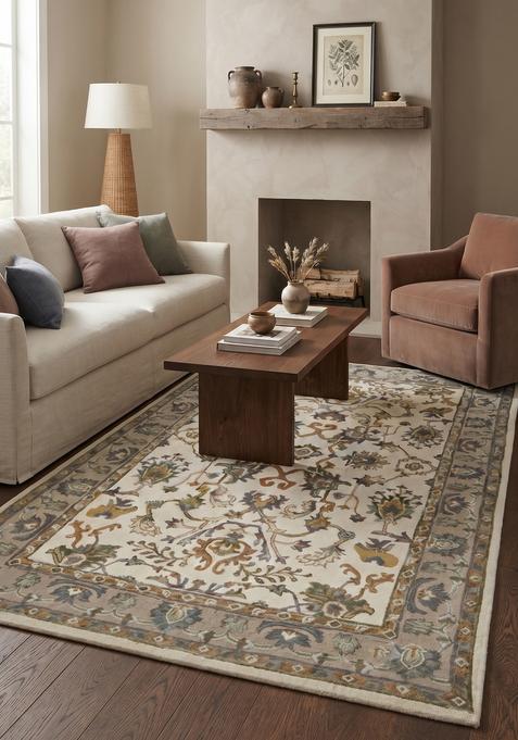 Saffron Rugs Hand-Tufted 100% Wool Area Rug | Ivory Rectangular Rug | Cotton Backing | Classic Floral Carpet for Living Room