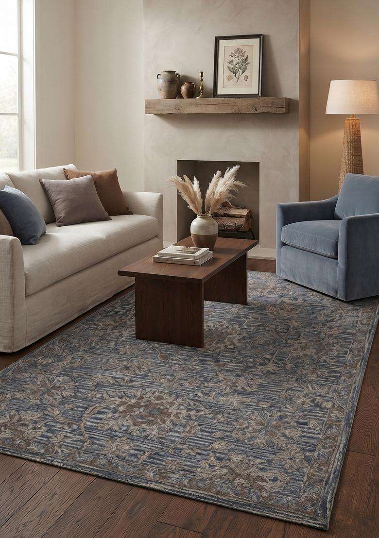 Saffron Rugs Steel Blue Oriental Floral Hand Tufted Wool Rectangular Rug - Indya