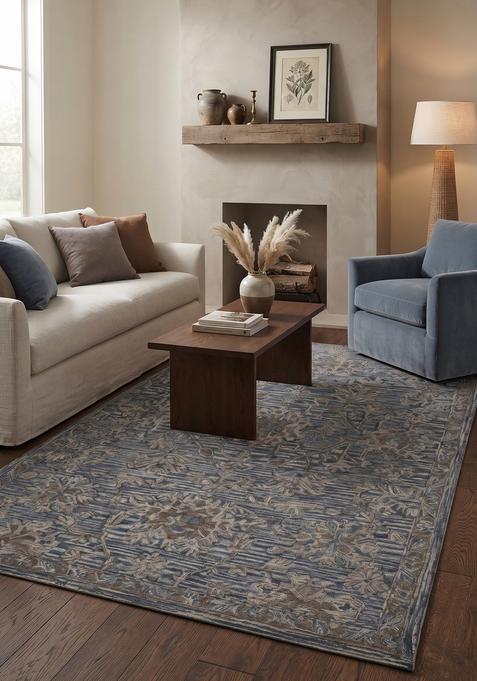 Saffron Rugs Hand-Tufted 100% Wool Area Rug | Steel Blue Rectangular Rug | Cotton Backing | Oriental Floral Carpet for Living Room