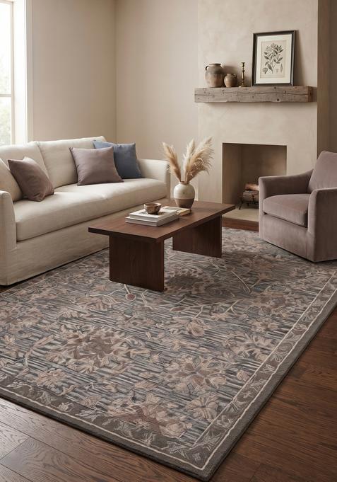 Saffron Rugs Hand-Tufted 100% Wool Area Rug | Grey Pink Rectangular Rug | Cotton Backing | Classic Floral Carpet for Living Room