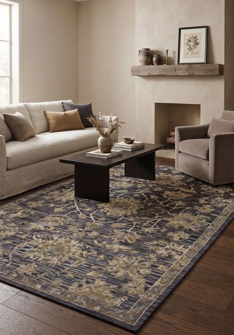 Saffron Rugs Hand-Tufted 100% Wool Area Rug | Dark Navy Blue Rectangular Rug | Cotton Backing | Classic Floral Carpet for Living Room