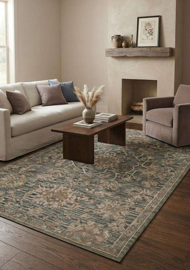 Saffron Rugs Grey Blue Transitional Floral Hand Tufted Wool Rectangular Rug - Indya