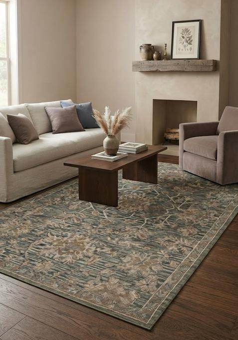 Saffron Rugs Hand-Tufted 100% Wool Area Rug | Grey Blue Rectangular Rug | Cotton Backing | Transitional Floral Carpet for Living Room