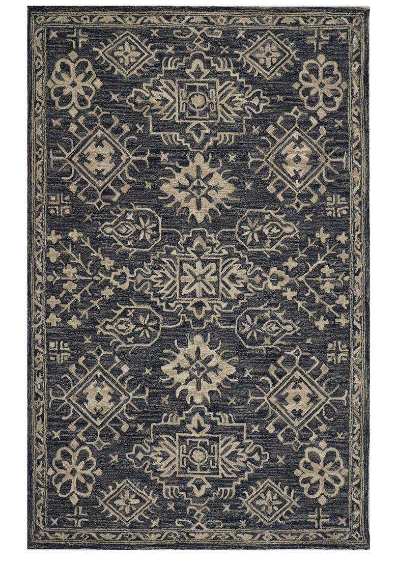 Saffron Rugs Dark Blue Grey Classic Geometric Hand Tufted Wool Rectangular Rug - Indya