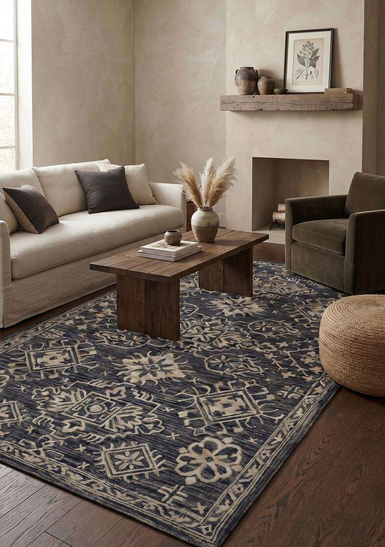 Saffron Rugs Hand-Tufted 100% Wool Area Rug | Dark Blue Grey Rectangular Rug | Cotton Backing | Classic Geometric Carpet for Living Room - Indya