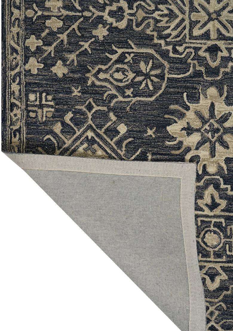 Saffron Rugs Dark Blue Grey Classic Geometric Hand Tufted Wool Rectangular Rug - Indya