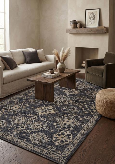Saffron Rugs Hand-Tufted 100% Wool Area Rug | Dark Blue Grey Rectangular Rug | Cotton Backing | Classic Geometric Carpet for Living Room