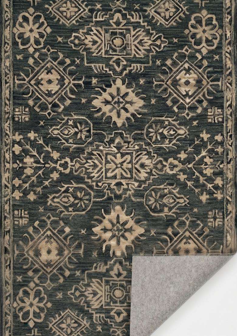 Saffron Rugs Hand-Tufted 100% Wool Area Rug | Dark Blue Grey Rectangular Rug | Cotton Backing | Oriental Geometric Carpet for Living Room - Indya