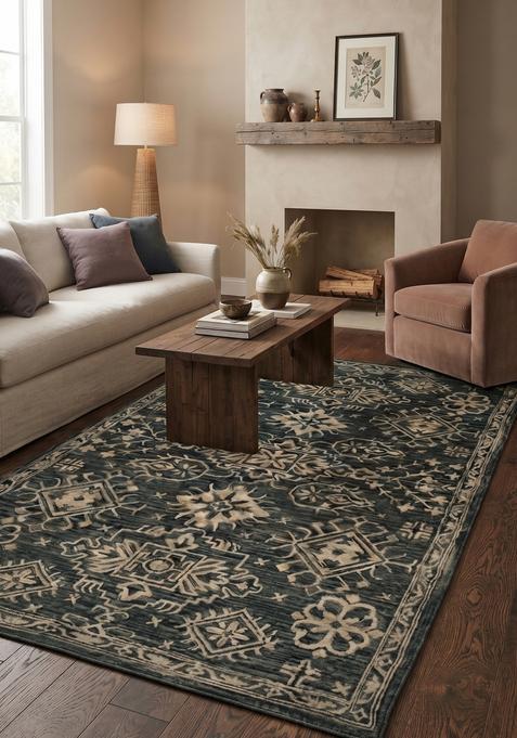 Saffron Rugs Hand-Tufted 100% Wool Area Rug | Dark Blue Grey Rectangular Rug | Cotton Backing | Oriental Geometric Carpet for Living Room