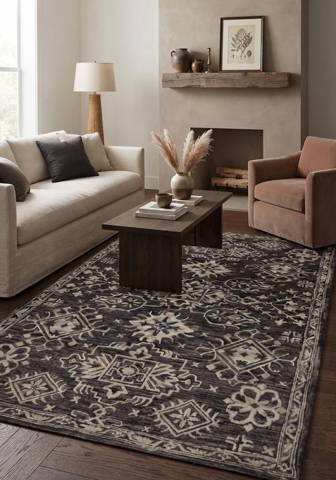 Saffron Rugs Hand-Tufted 100% Wool Area Rug | Dark Charcoal Grey Rectangular Rug | Cotton Backing | Classic Floral Carpet for Living Room