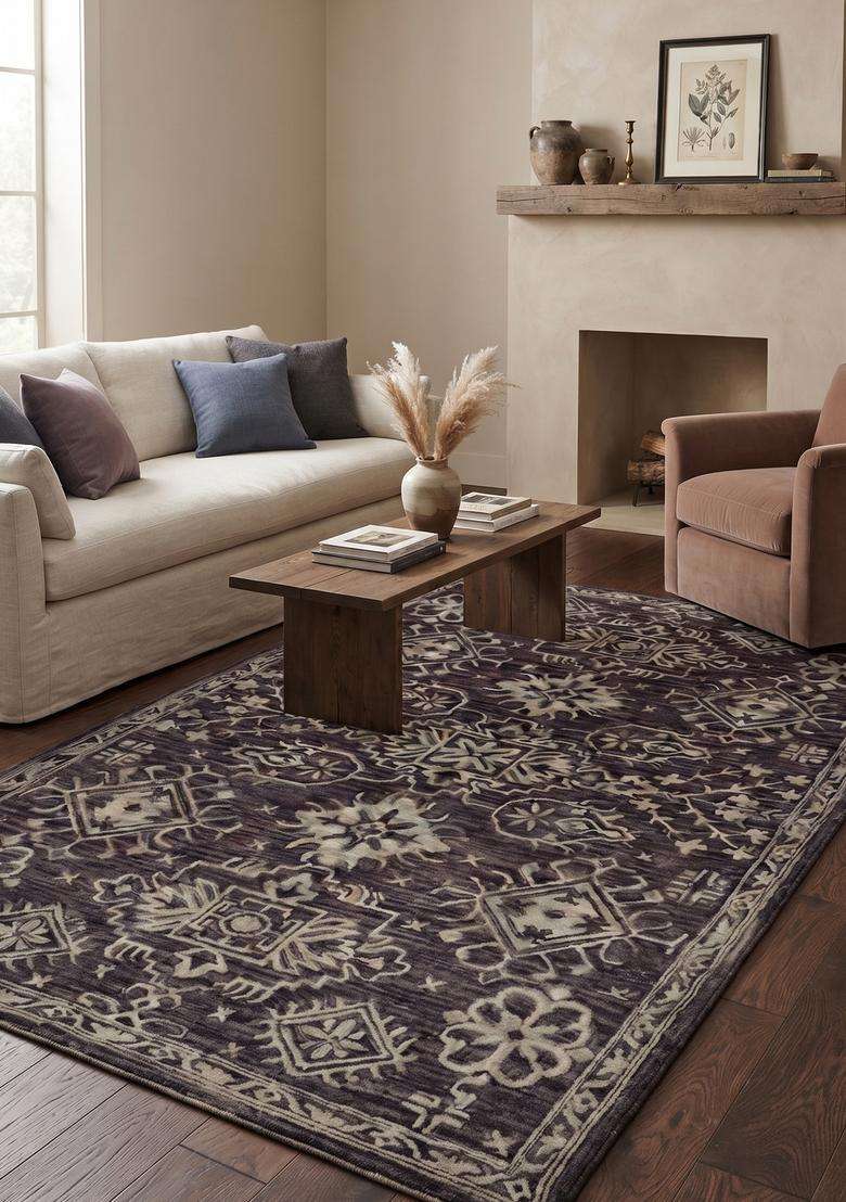 Saffron Rugs Dark Charcoal Oriental Geometric Hand Tufted Wool Rectangular Rug - Indya