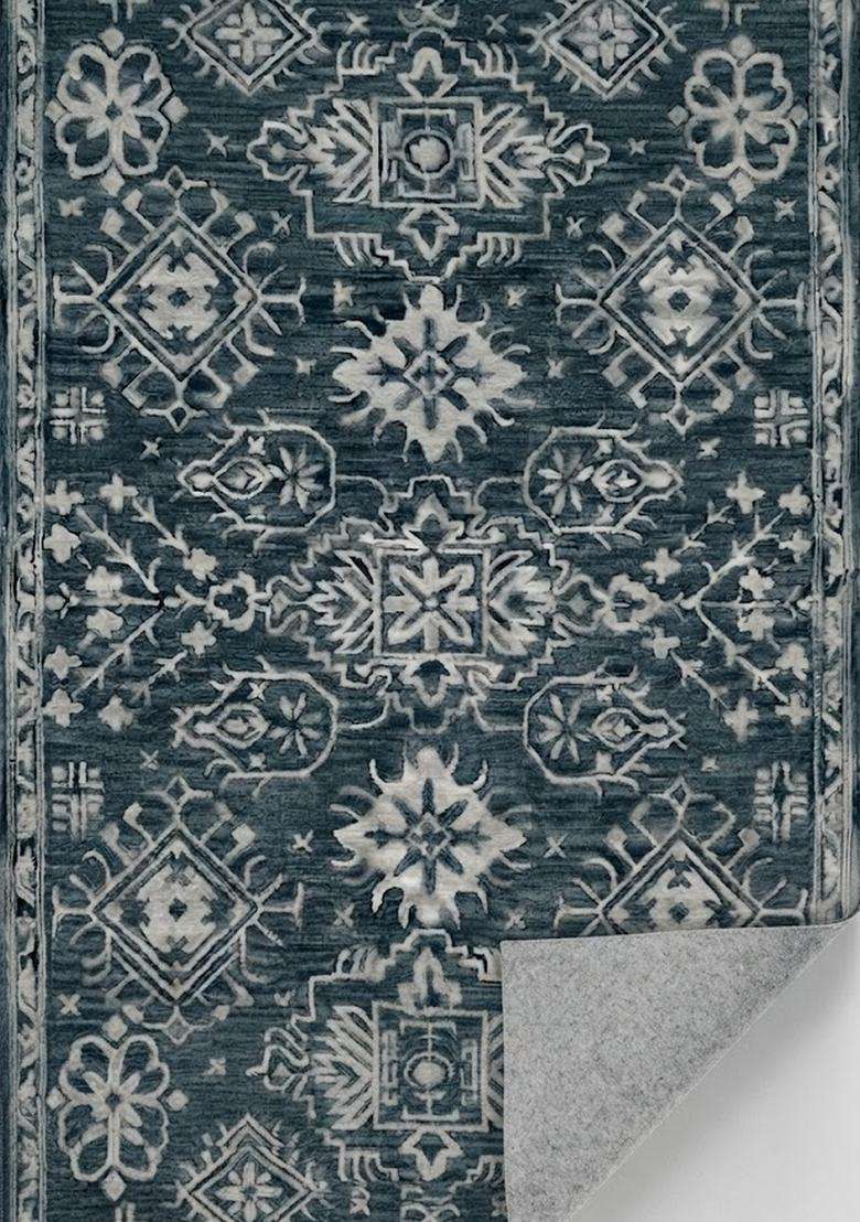 Saffron Rugs Dark Teal Blue Moroccan Geometric Hand Tufted Wool Rectangular Rug - Indya