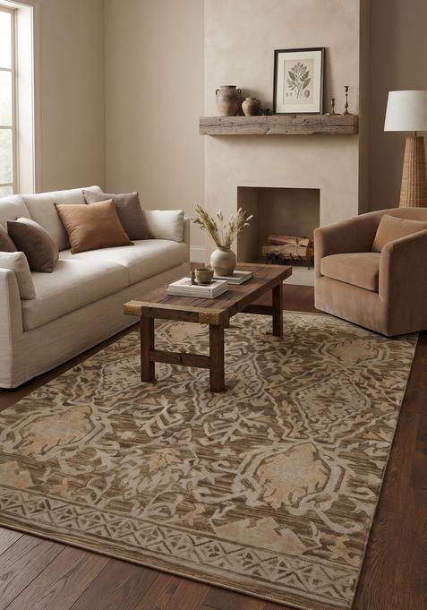 Saffron Rugs Hand-Tufted 100% Wool Area Rug | Warm Beige Brown Rectangular Rug | Cotton Backing | Transitional Geometric Carpet for Living Room