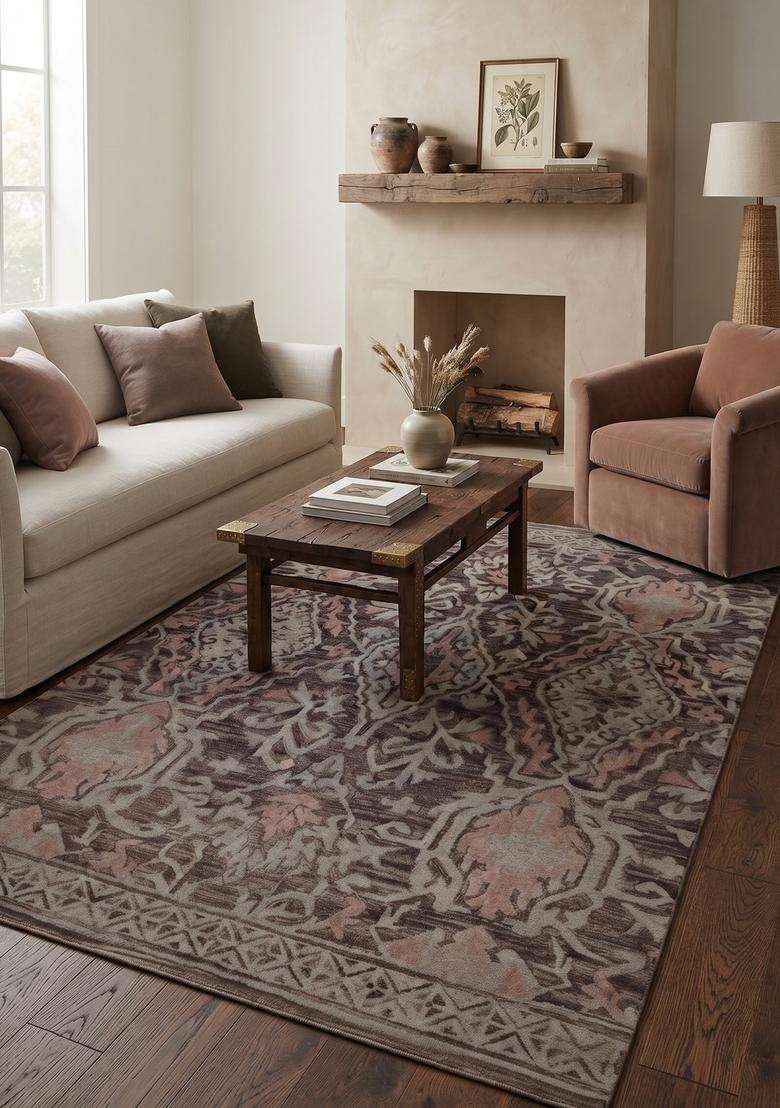 Saffron Rugs Dark Mauve Brown Classic Floral Hand Tufted Wool Rectangular Rug - Indya