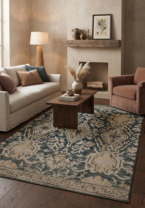 Saffron Rugs Hand-Tufted 100% Wool Area Rug | Dark Teal Rectangular Rug | Cotton Backing | Oriental Floral Carpet for Living Room