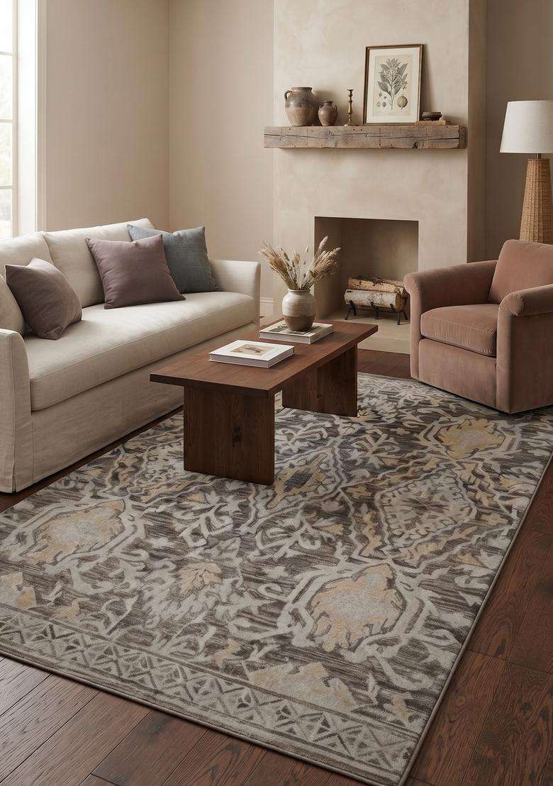 Saffron Rugs Grey Taupe Transitional Geometric Hand Tufted Wool Rectangular Rug - Indya