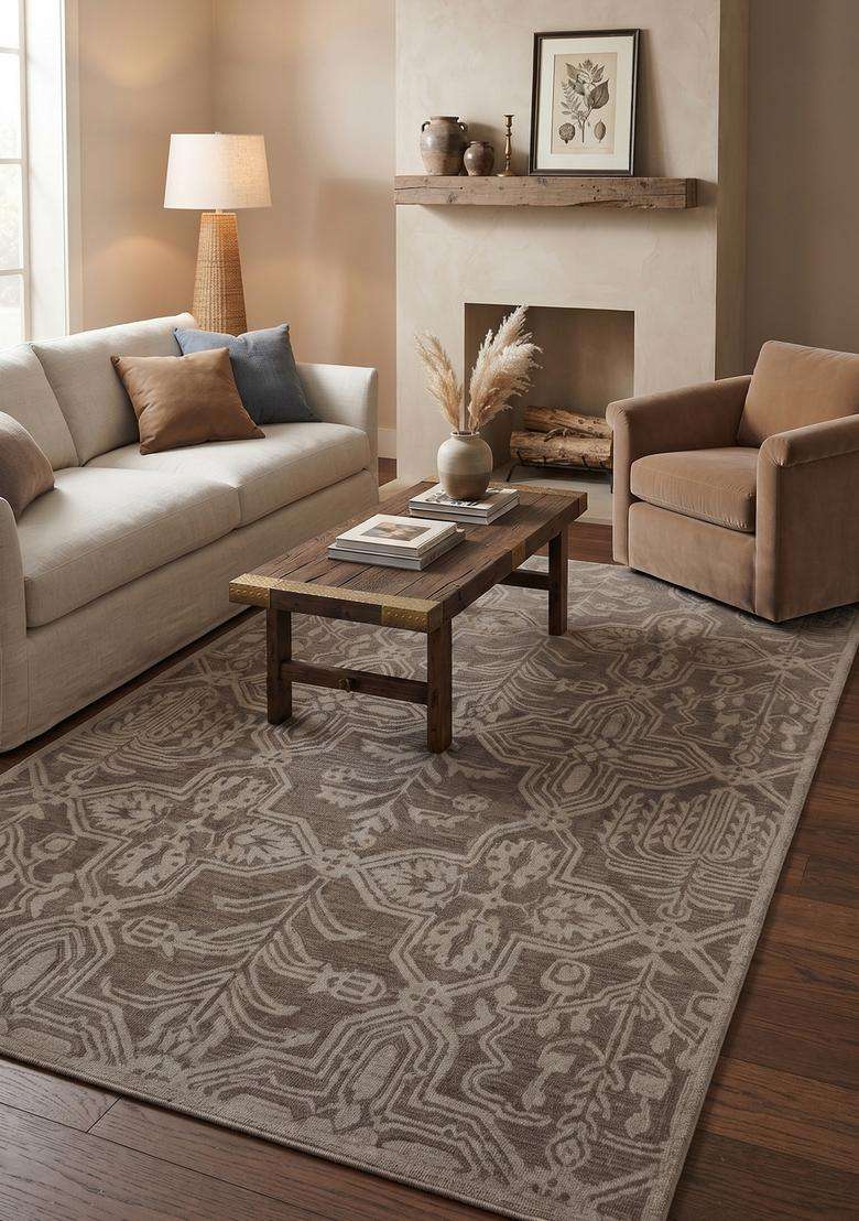 Saffron Rugs Taupe Grey Transitional Geometric Hand Tufted Wool Rectangular Rug - Indya