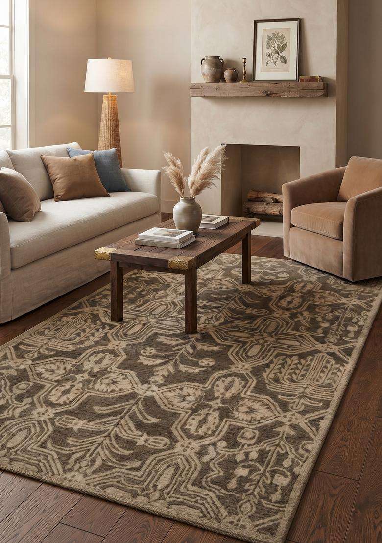 Saffron Rugs Hand-Tufted 100% Wool Area Rug | Dark Brown Rectangular Rug | Cotton Backing | Classic Geometric Carpet for Living Room - Indya