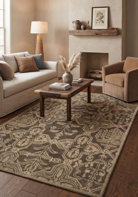 Saffron Rugs Hand-Tufted 100% Wool Area Rug | Dark Brown Rectangular Rug | Cotton Backing | Classic Geometric Carpet for Living Room