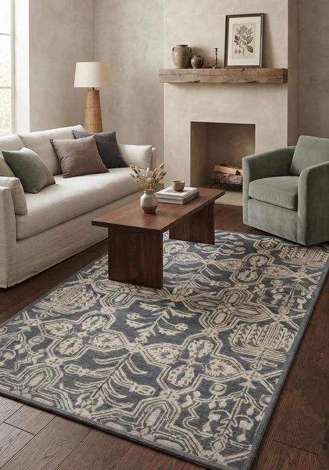 Saffron Rugs Hand-Tufted 100% Wool Area Rug | Steel Blue Rectangular Rug | Cotton Backing | Transitional Trellis Carpet for Living Room