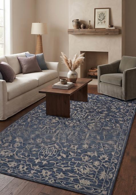 Saffron Rugs Hand-Tufted 100% Wool Area Rug | Navy Blue Rectangular Rug | Cotton Backing | Transitional Floral Carpet for Living Room