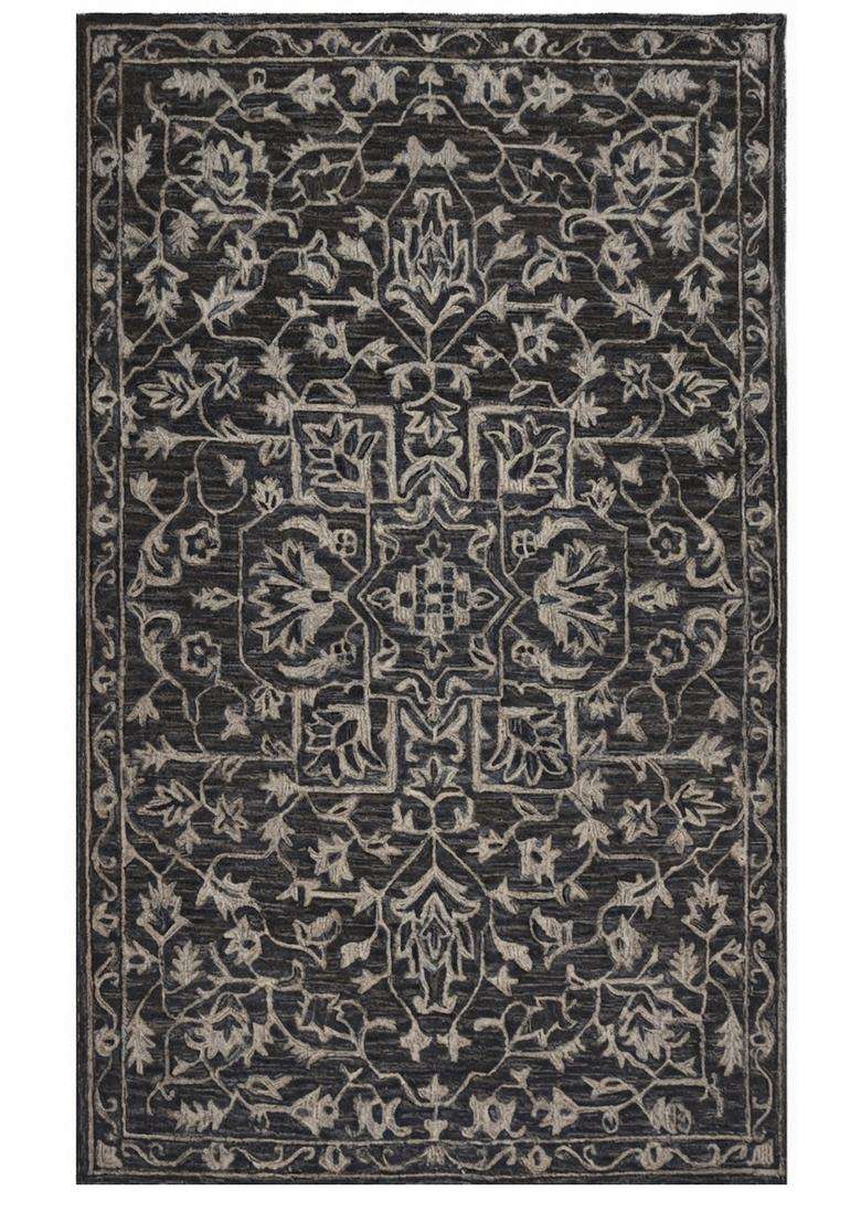 Saffron Rugs Dark Charcoal Grey Classic Trellis Hand Tufted Wool Rectangular Rug - Indya