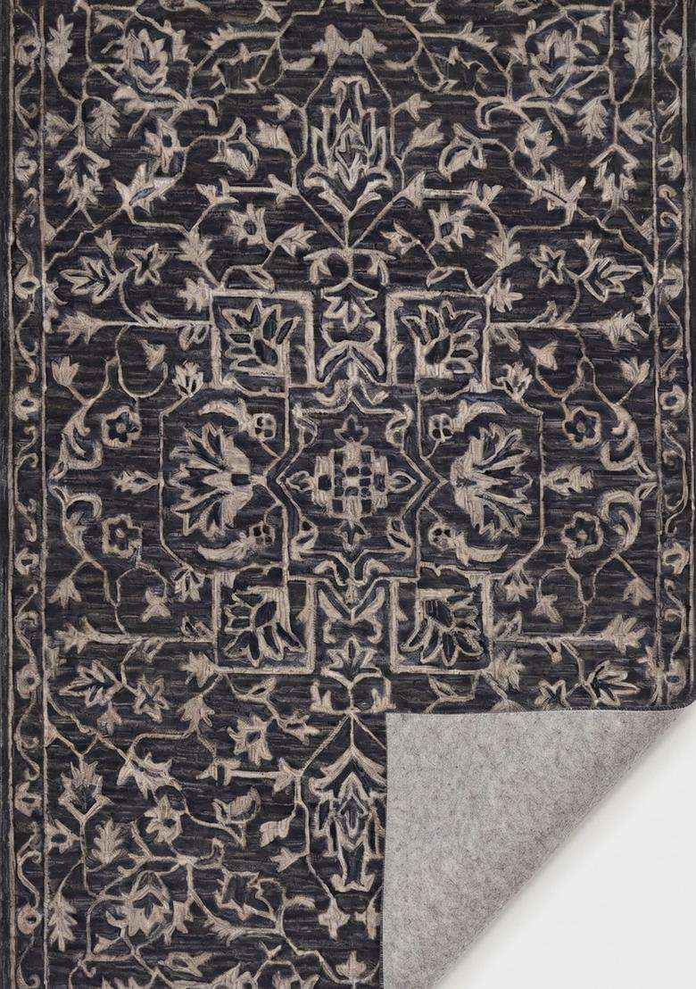 Saffron Rugs Dark Charcoal Grey Classic Trellis Hand Tufted Wool Rectangular Rug - Indya