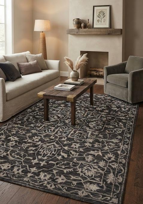Saffron Rugs Hand-Tufted 100% Wool Area Rug | Dark Charcoal Grey Rectangular Rug | Cotton Backing | Classic Trellis Carpet for Living Room