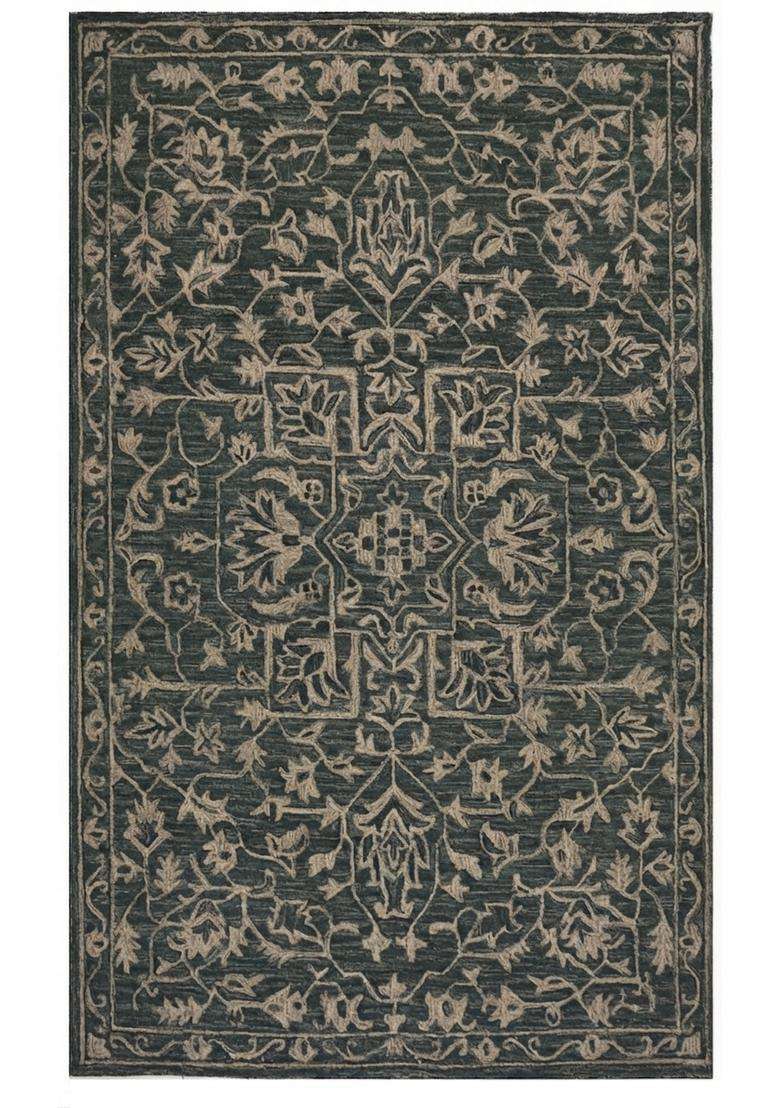 Saffron Rugs Dark Charcoal Grey Classic Floral Hand Tufted Wool Rectangular Rug - Indya