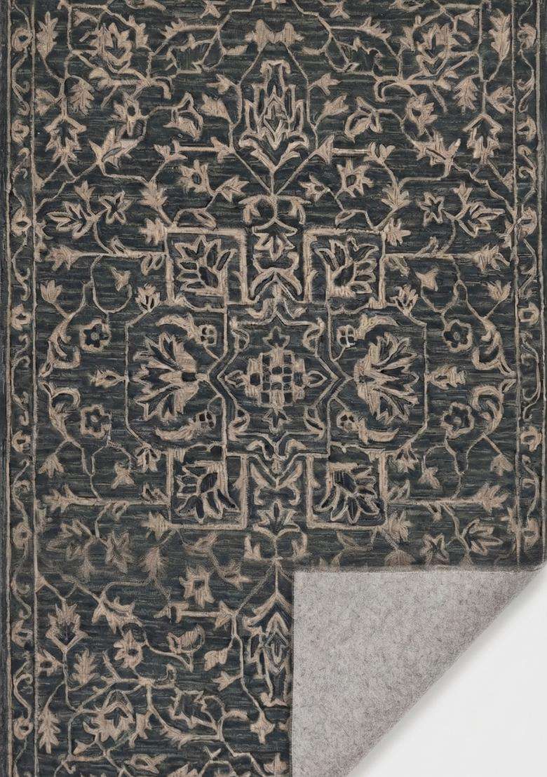 Saffron Rugs Dark Charcoal Grey Classic Floral Hand Tufted Wool Rectangular Rug - Indya