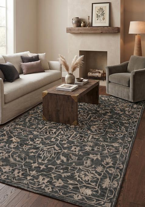 Saffron Rugs Hand-Tufted 100% Wool Area Rug | Dark Charcoal Grey Rectangular Rug | Cotton Backing | Classic Floral Carpet for Living Room