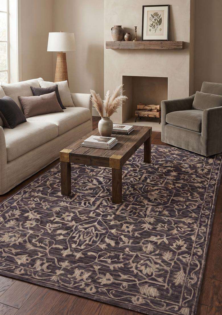 Saffron Rugs Dark Charcoal Grey Transitional Trellis Hand Tufted Wool Rectangular Rug - Indya