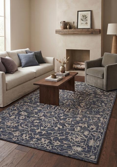 Saffron Rugs Hand-Tufted 100% Wool Area Rug | Navy Blue Rectangular Rug | Cotton Backing | Classic Floral Carpet for Living Room