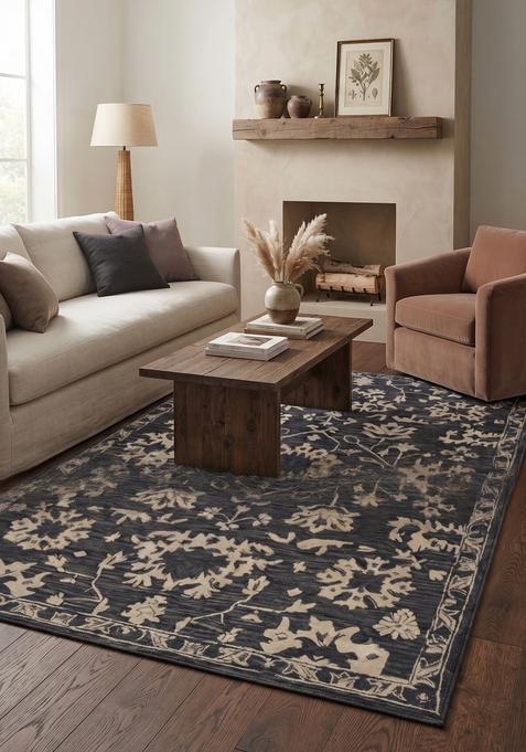 Saffron Rugs Hand-Tufted 100% Wool Area Rug | Dark Navy Blue Rectangular Rug | Cotton Backing | Oriental Floral Carpet for Living Room