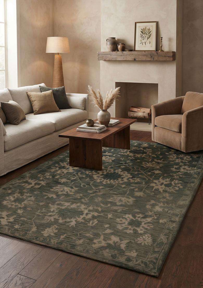 Saffron Rugs Dark Green Transitional Floral Hand Tufted Wool Rectangular Rug - Indya