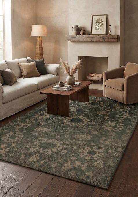 Saffron Rugs Hand-Tufted 100% Wool Area Rug | Dark Green Rectangular Rug | Cotton Backing | Transitional Floral Carpet for Living Room