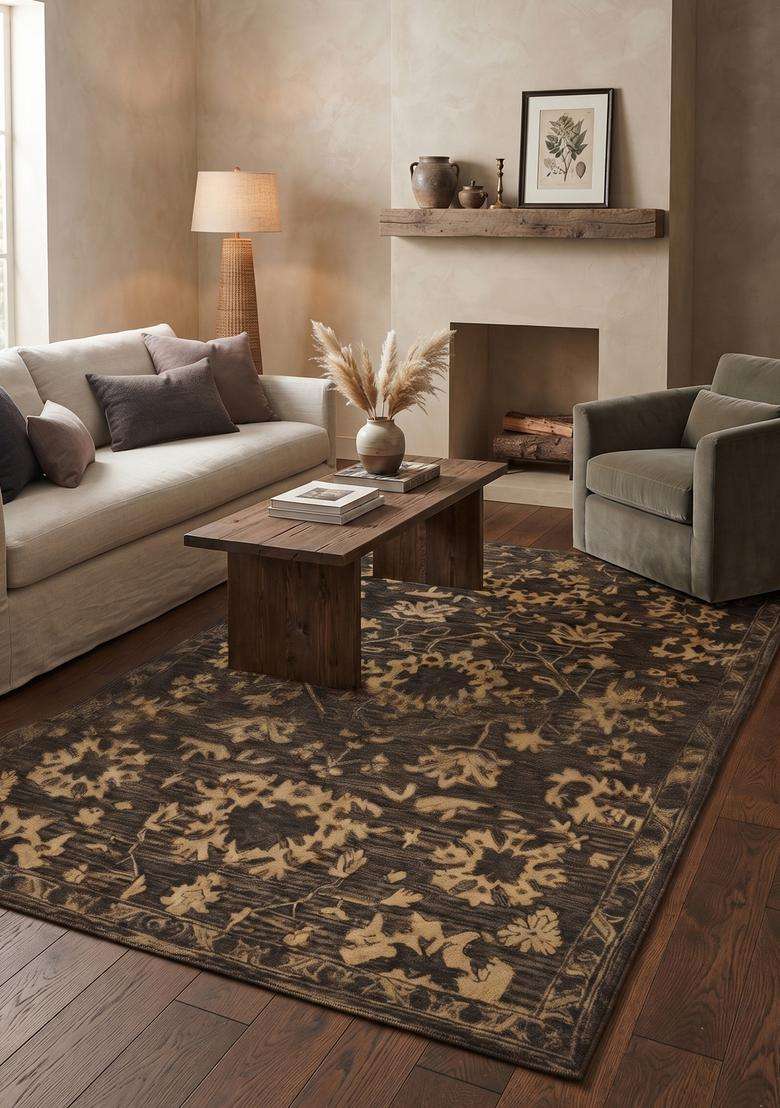 Saffron Rugs Dark Charcoal Gold Oriental Floral Hand Tufted Wool Rectangular Rug - Indya