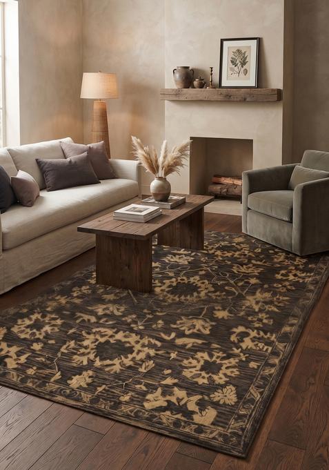 Saffron Rugs Hand-Tufted 100% Wool Area Rug | Dark Charcoal Gold Rectangular Rug | Cotton Backing | Oriental Floral Carpet for Living Room