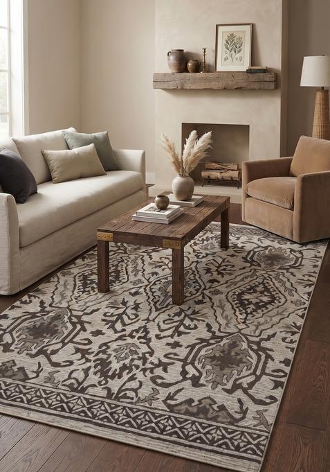 Saffron Rugs Hand-Tufted 100% Wool Area Rug | Beige Grey Rectangular Rug | Cotton Backing | Classic Floral Carpet for Living Room