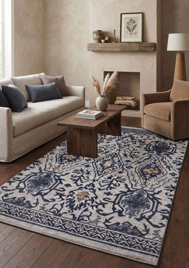 Saffron Rugs Ivory Blue Oriental Floral Hand Tufted Wool Rectangular Rug - Indya