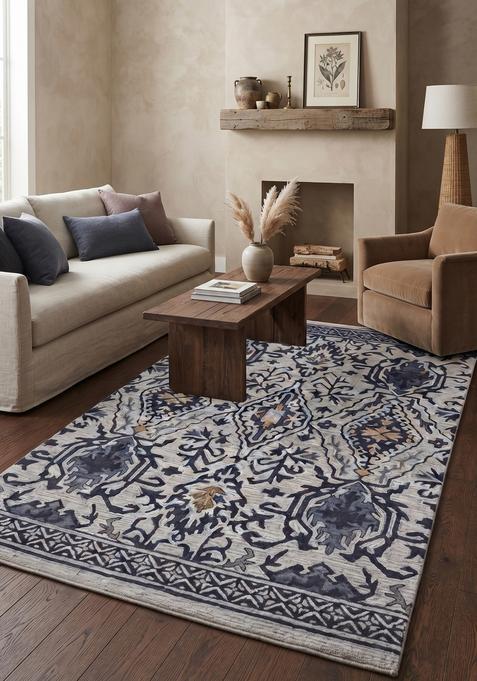 Saffron Rugs Hand-Tufted 100% Wool Area Rug | Ivory Blue Rectangular Rug | Cotton Backing | Oriental Floral Carpet for Living Room