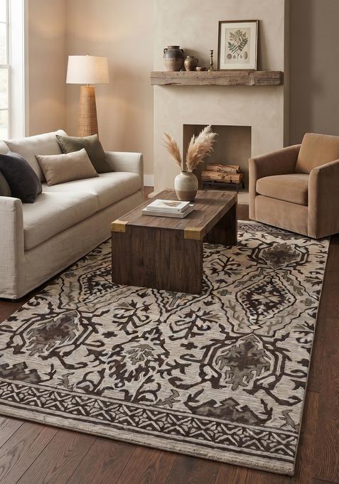 Saffron Rugs Hand-Tufted 100% Wool Area Rug | Beige Brown Rectangular Rug | Cotton Backing | Oriental Geometric Carpet for Living Room