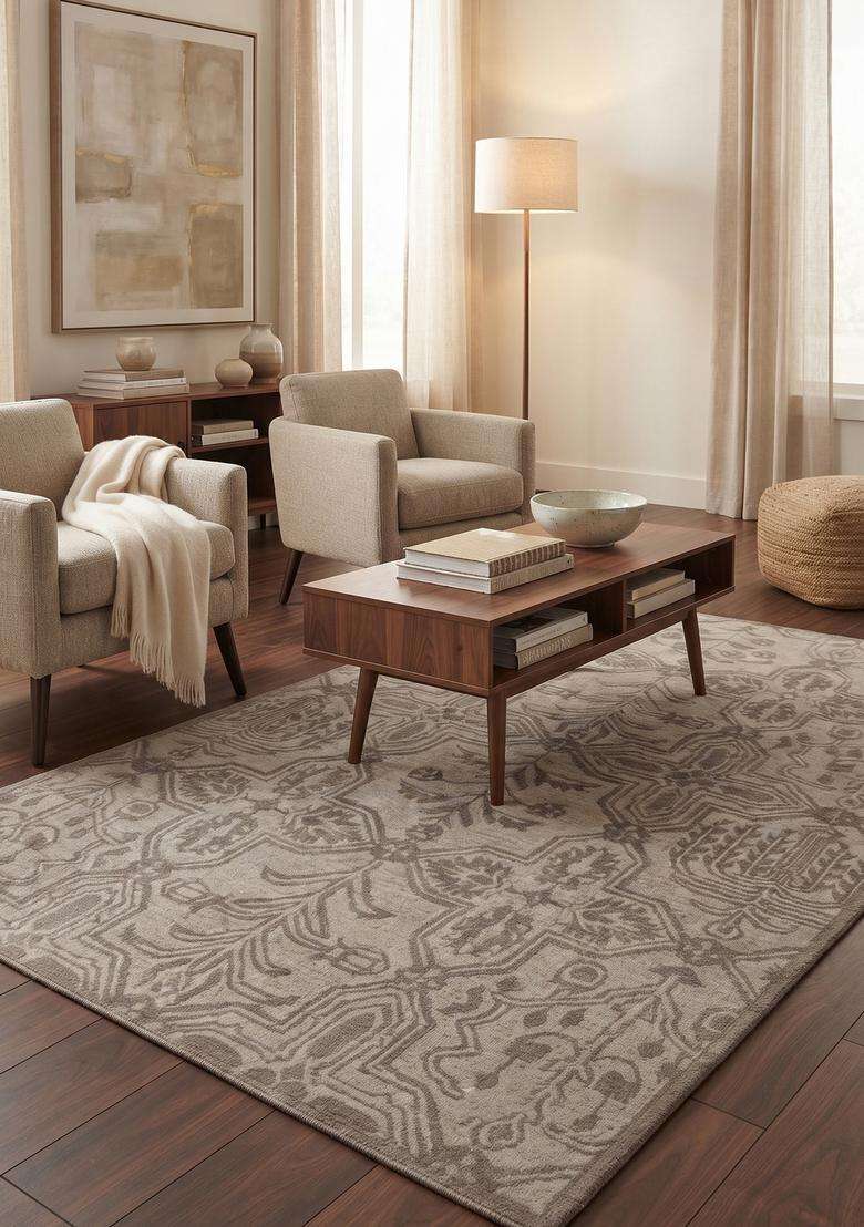 Saffron Rugs Grey Taupe Transitional Geometric Hand Tufted Wool Rectangular Rug - Indya
